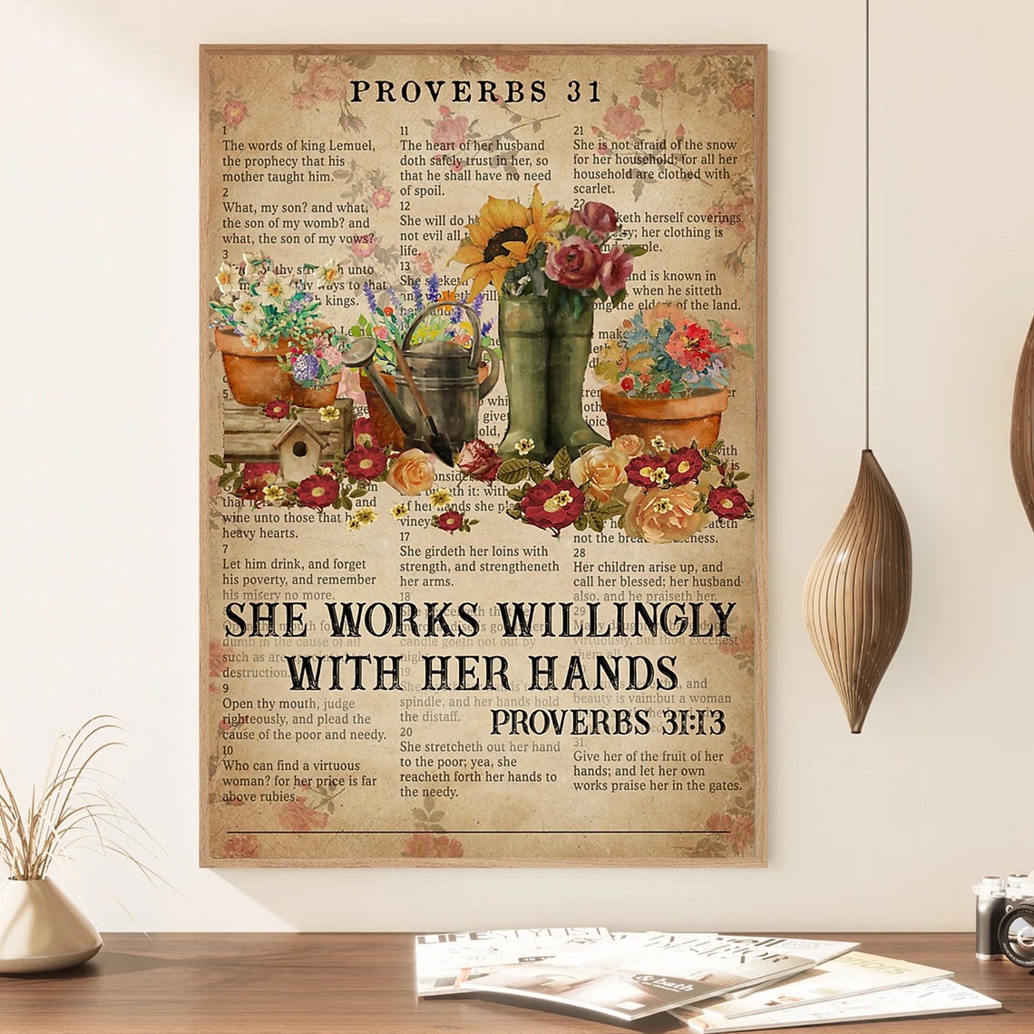 Proverbs 31 She Works Willingly With Her Hands Floral Bible Poster - Image 4