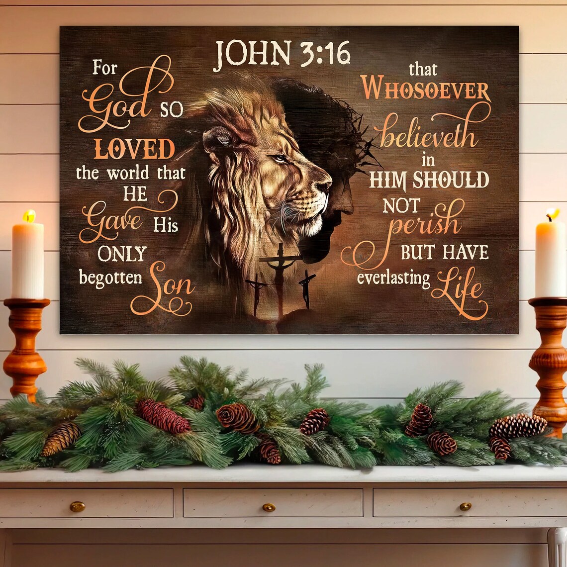 John 3:16 Lion and Jesus Double Portrait Christian Faith Poster - Image 3