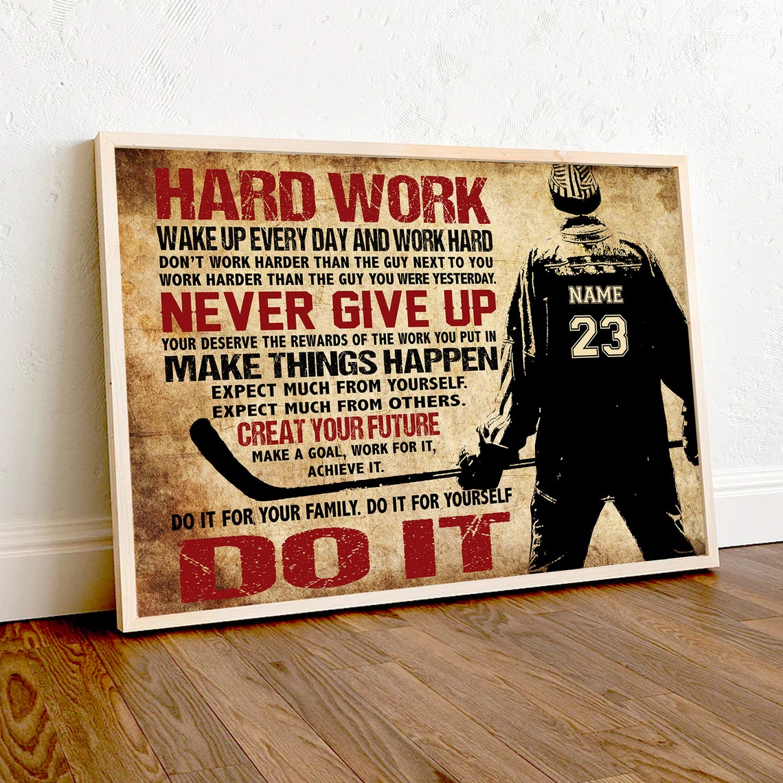 Hockey Hard Work Never Give Up Personalized Motivational Poster