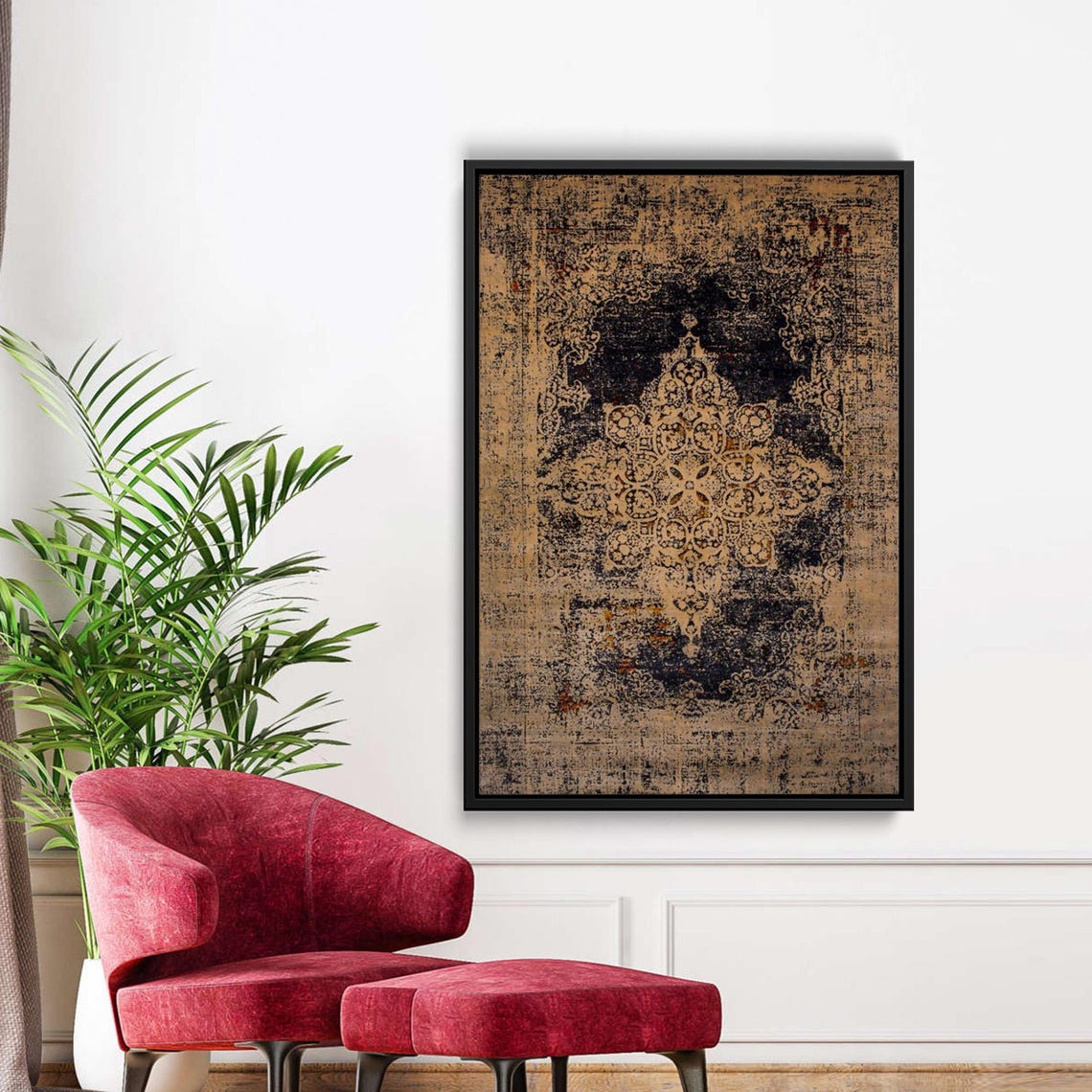 Vintage Distressed Kilim Rug Ornate Medallion Wall Art Canvas