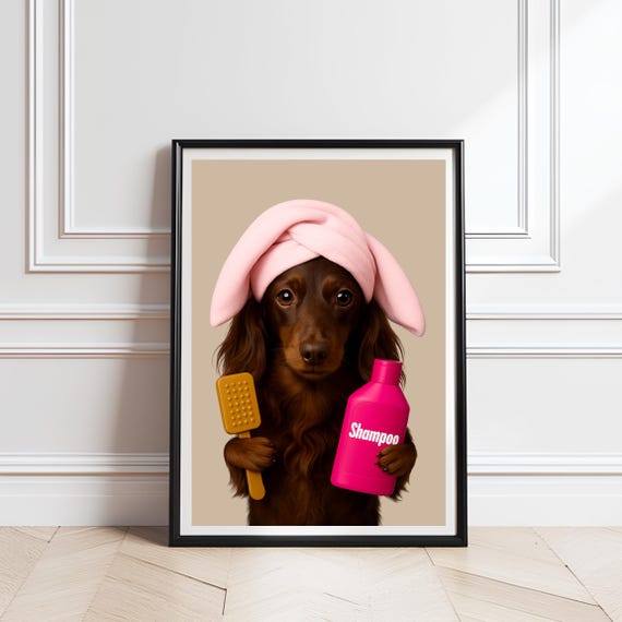 Funny Dachshund Bathroom Print Dog In Towel Grooming Decor
