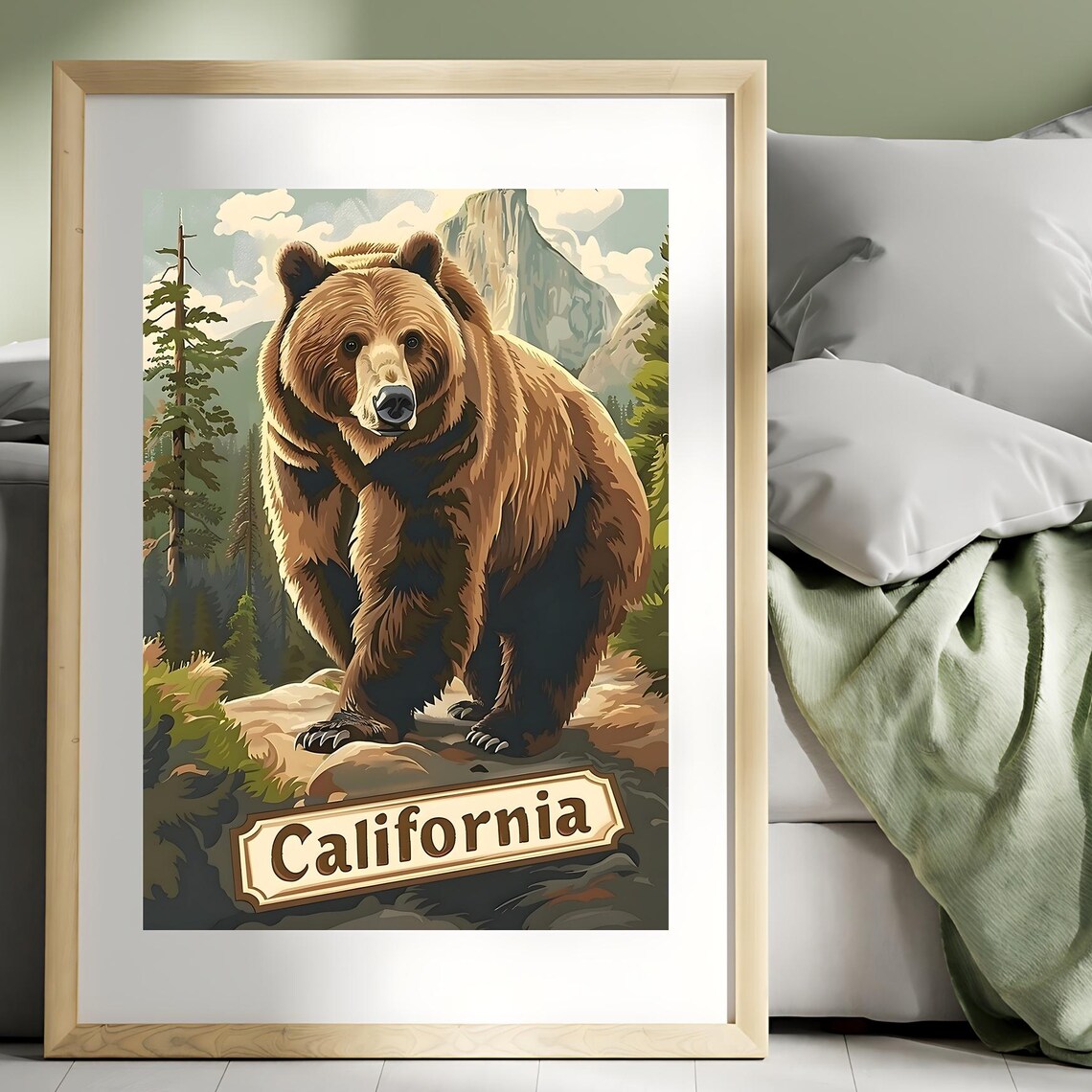 California Grizzly Bear Vintage Travel Poster With Mountain Scene