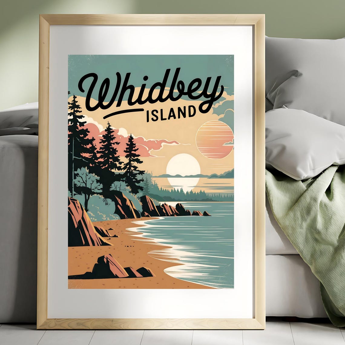 Whidbey Island Retro Sunset Beach Pacific Northwest Travel Poster