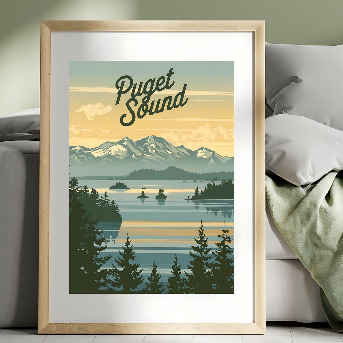 Puget Sound Vintage Travel Poster Golden Sunset Islands Evergreens