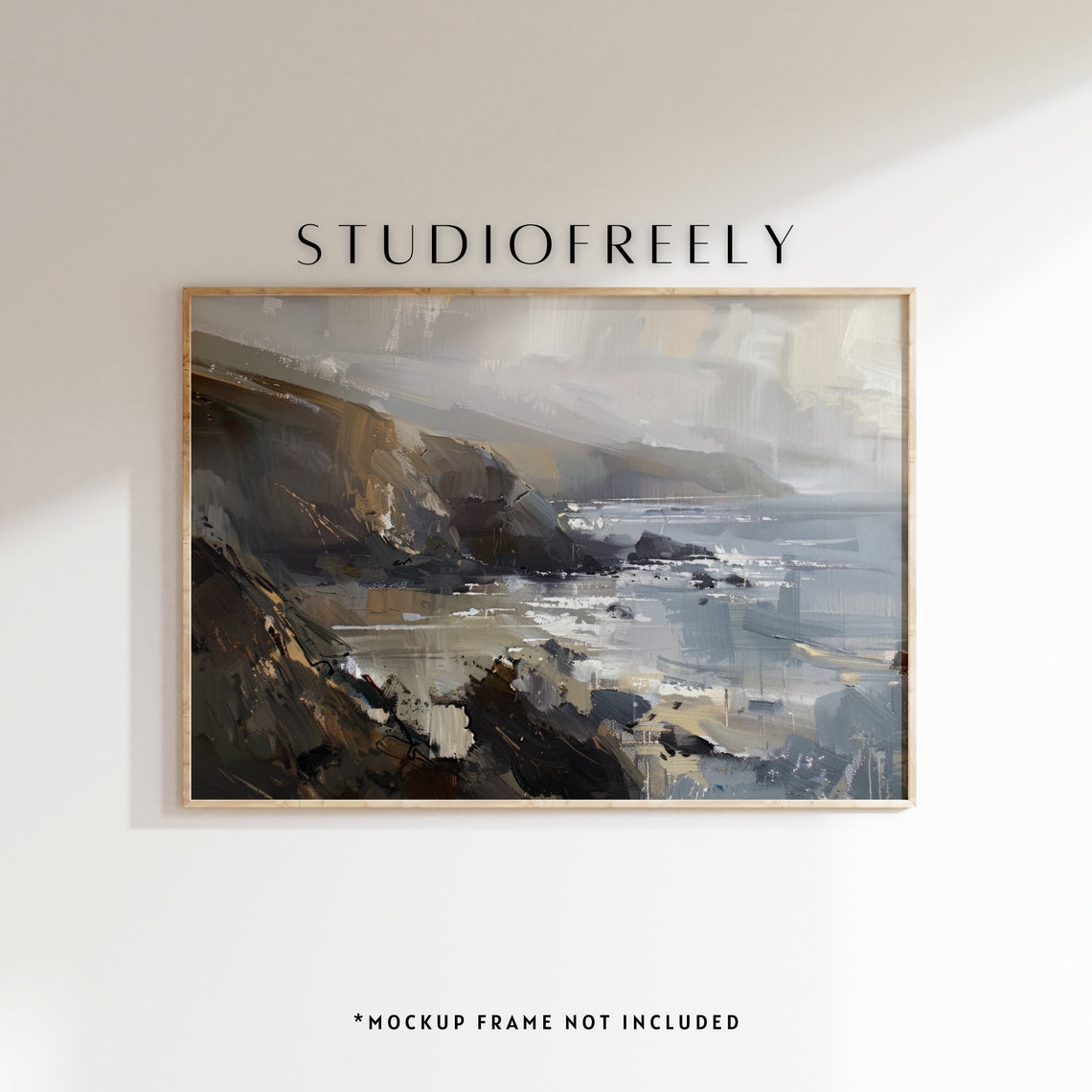 Misty Coastal Cliff Painting Modern Seascape Wall Art Textured Ocean Decor Print