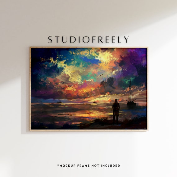 Ethereal Fisherman Oil Painting Art Print Multicolored Seascape File