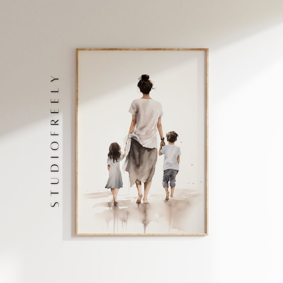 Mother and Two Children Beach Watercolor Family Walk Art Poster