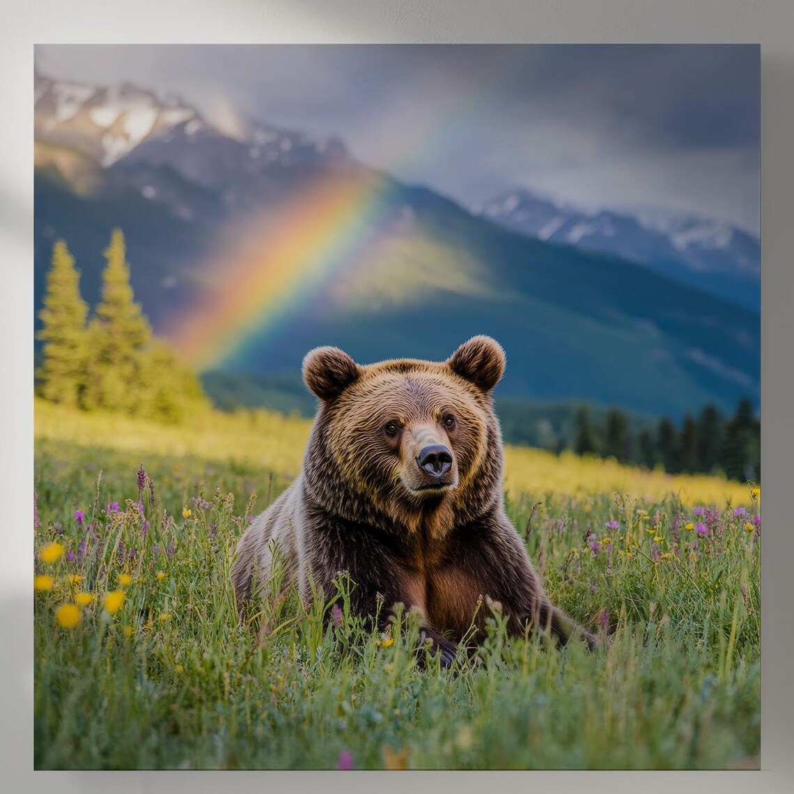Bear Animal Grizzly Mountain Nature Rainbow Wall Art Print