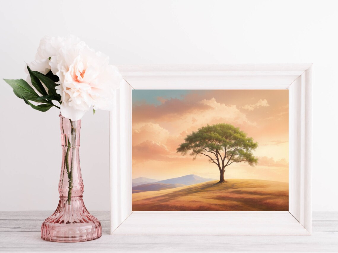 Lone Tree on Golden Hill Sunset Landscape Art Painting Poster - Image 2