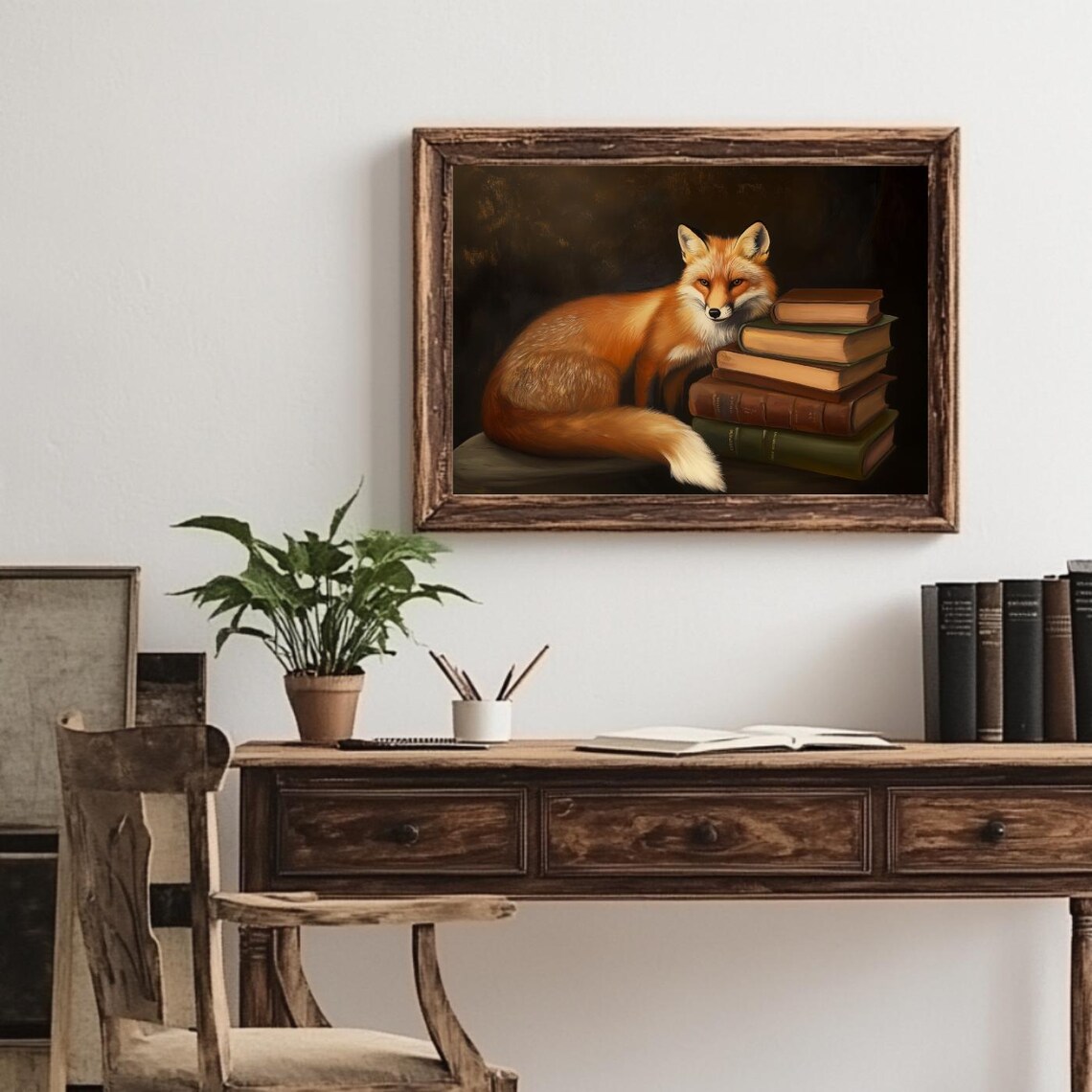 Red Fox Resting Beside Stack of Old Books Dark Academia Poster - Image 3