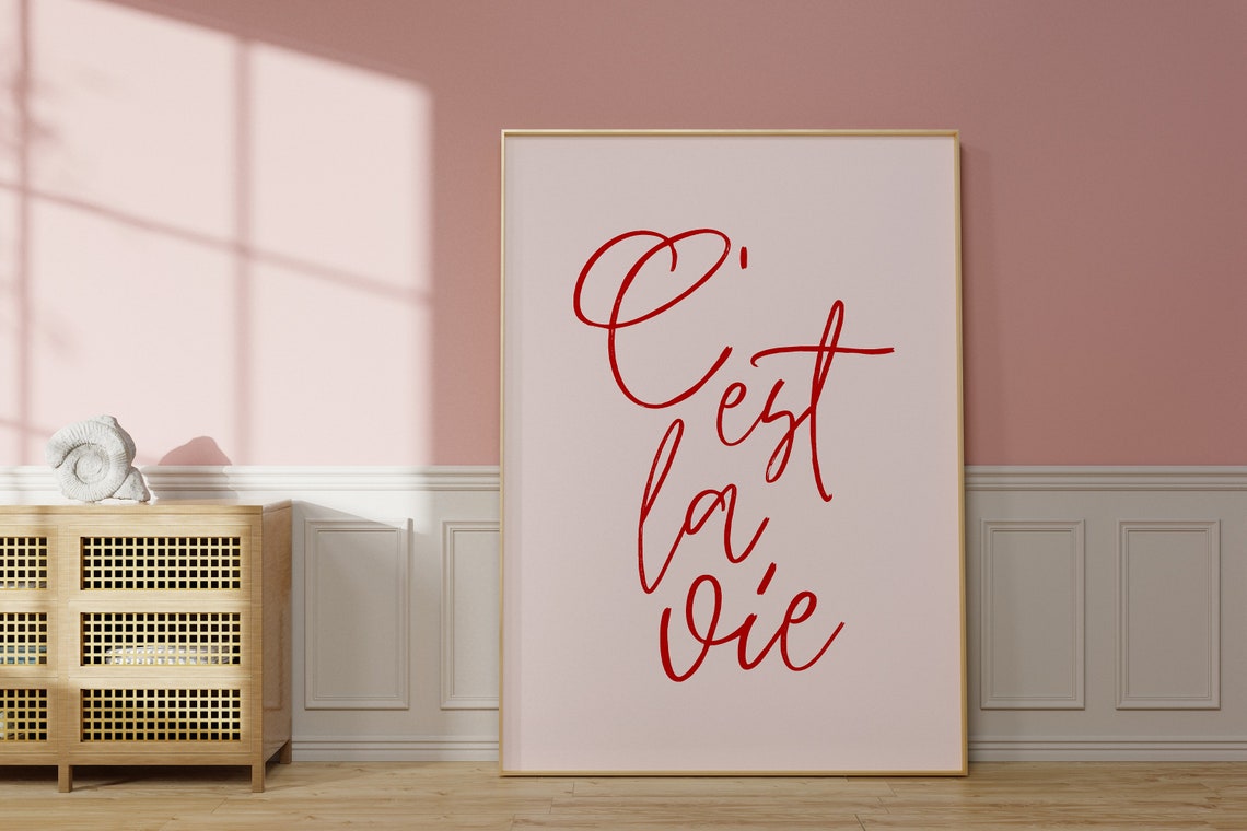 C'est La Vie French Quote Poster with Red Handwritten Script Art