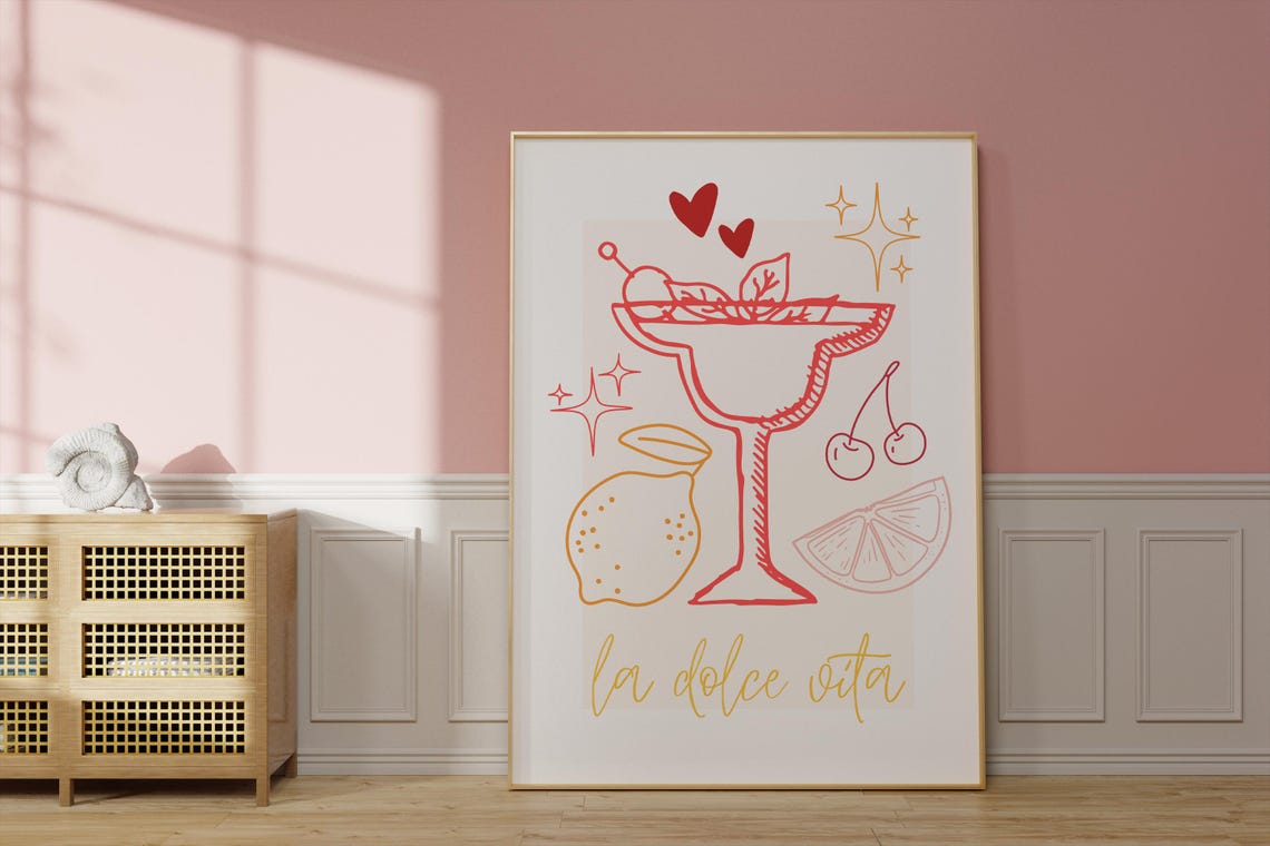 La Dolce Vita Cocktail Coupe Poster with Lemon and Cherry Art