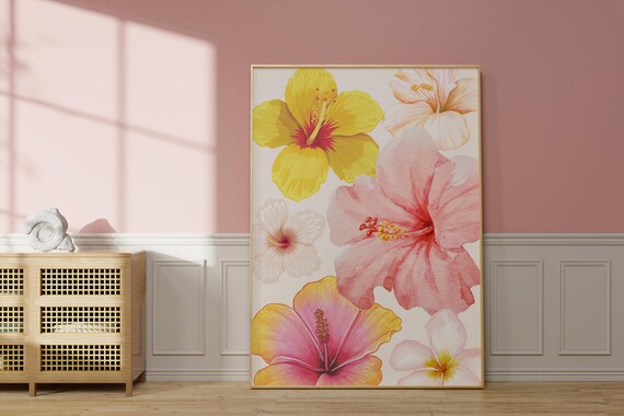 Hibiscus Art Floral Flowers Pastel Colors Bright Colors Pink Yellow Watercolor Print Instant