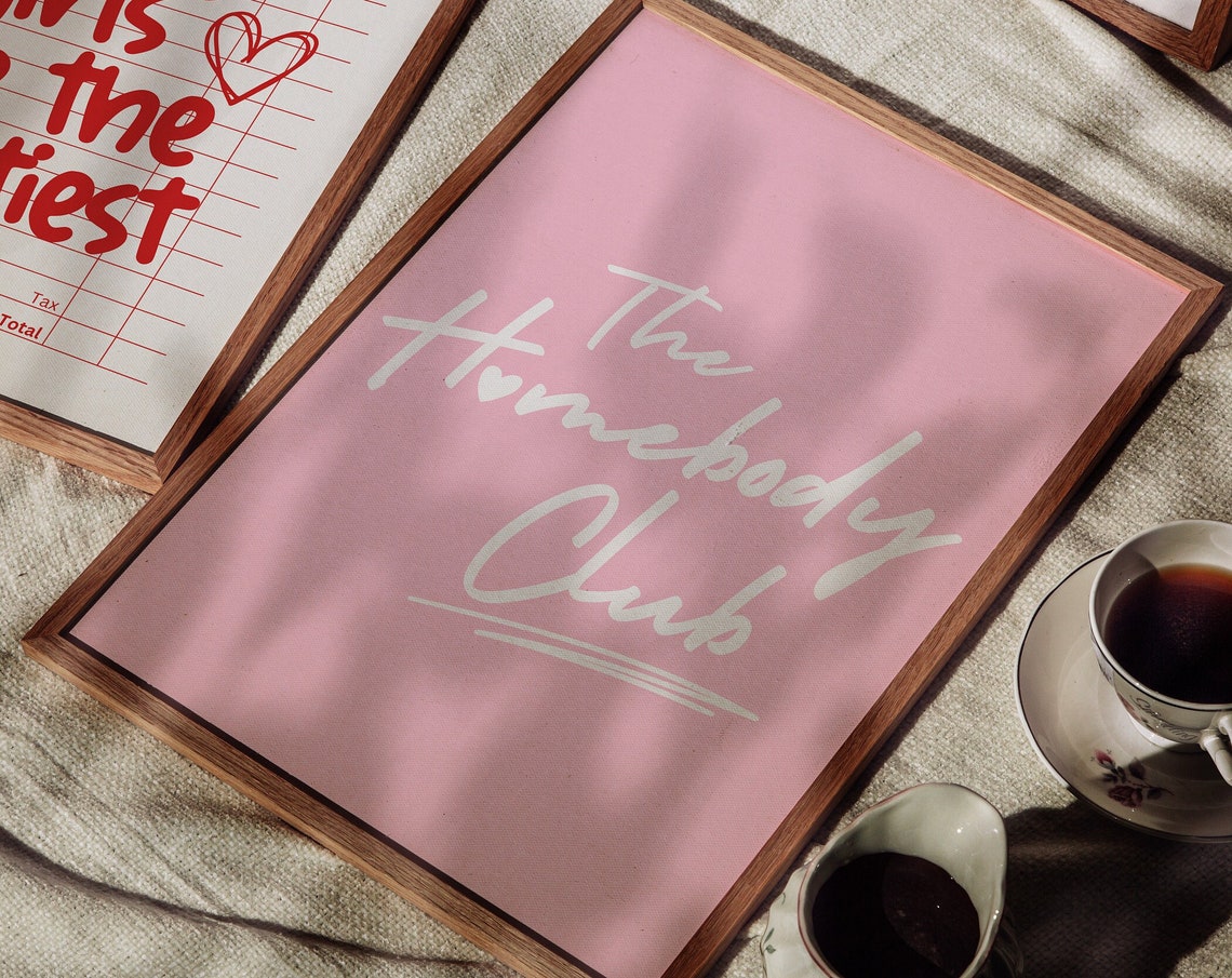 The Homebody Club White Script Solid Pink Cozy Homebody Quote Poster - Image 3
