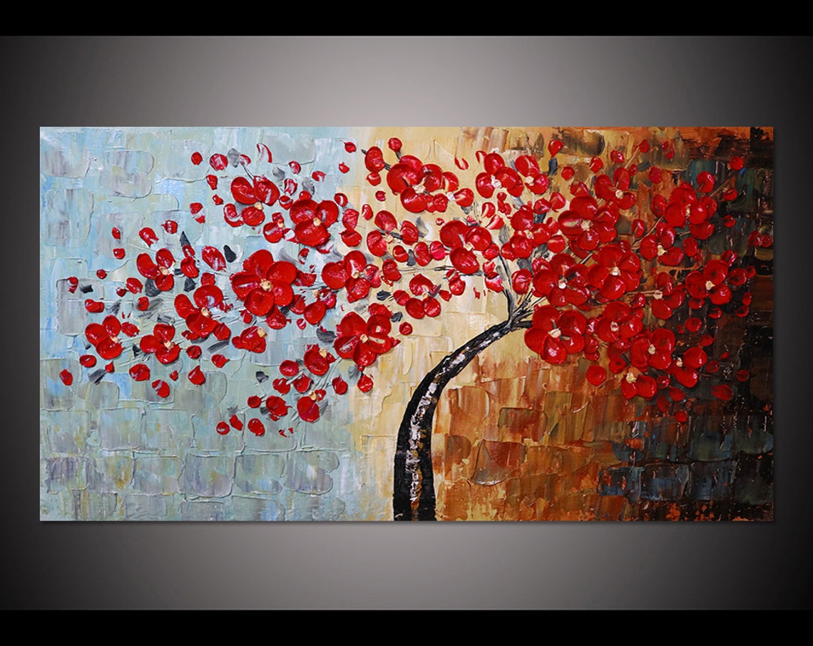 Windswept Red Blossom Tree on Beige Palette Knife Abstract Poster