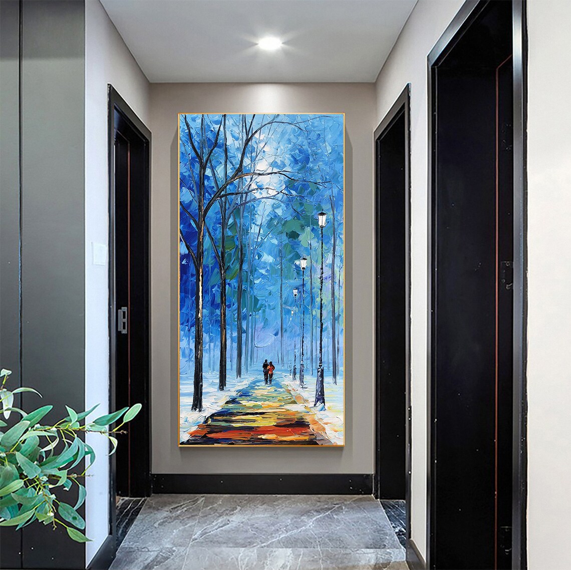 Blue Moonlit Street Lamps Tree Lined Road Couple Painting Poster