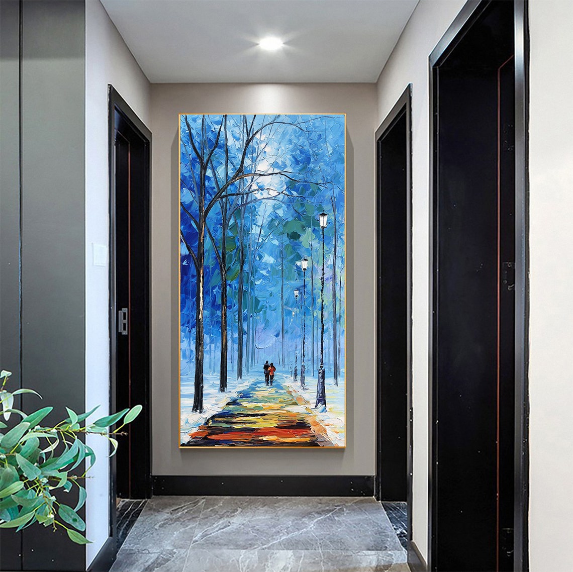 Hand Painted Couples Painting Art Blue Wall Art Landscape Oil Painting For Living Room Wall Decor Palette Knife Art Painting Spiritual Art