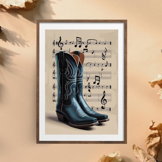 Navy Cowboy Boots with Sheet Music Country Line Dancing Poster