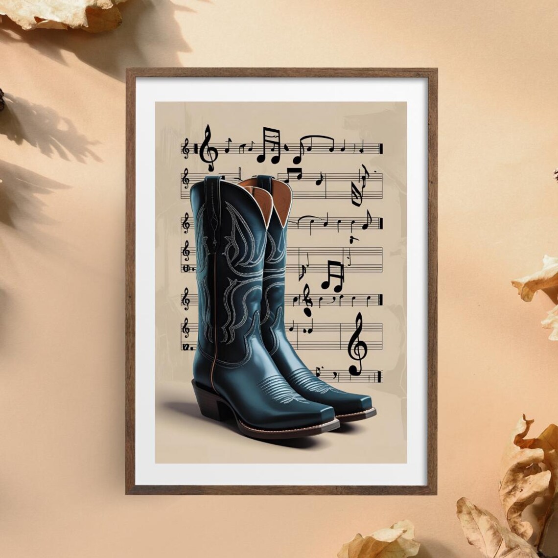 Navy Cowboy Boots with Sheet Music Country Line Dancing Poster