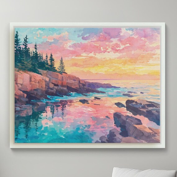 Acadia Sunrise Rocky Coastline Pines Watercolor Morning Poster