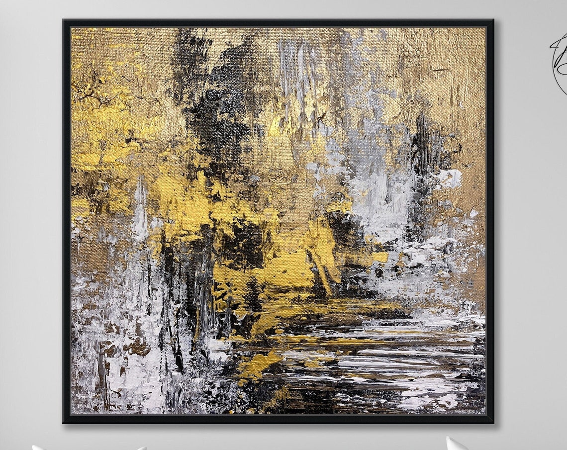 Gold Black White Textured Abstract Square Modern Wall Art Poster