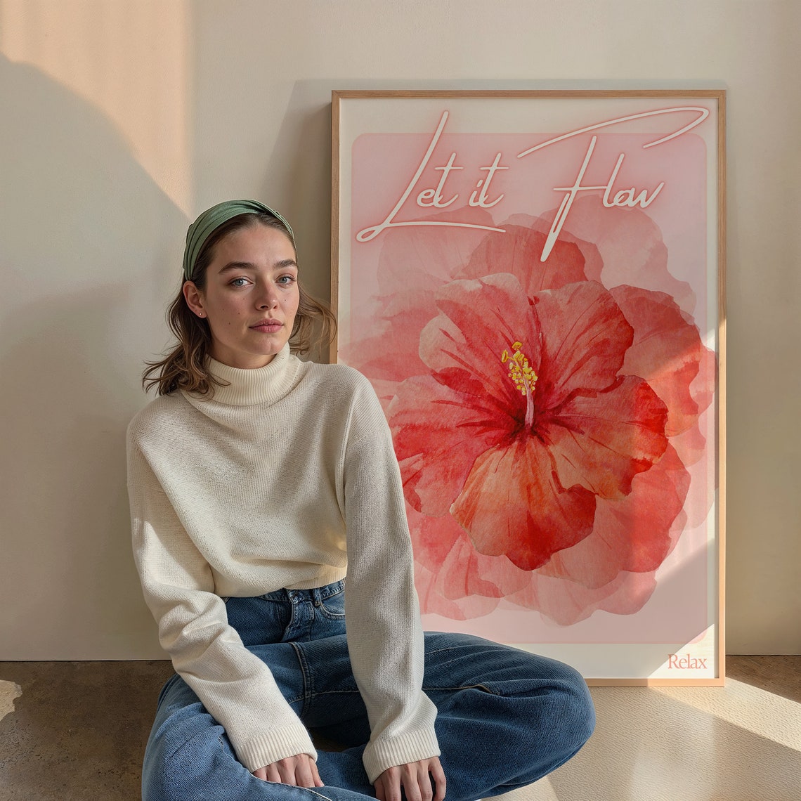 Let It Flow Red Hibiscus Neon Script Pink Floral Relax Poster - Image 2