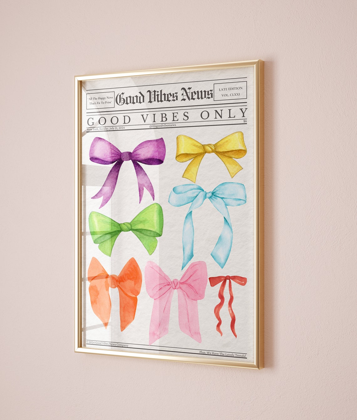Trendy Newspaper Print Bows Wall Art Girly Wall Decor Good Vibes News Art Dorm Wall Print - Image 3