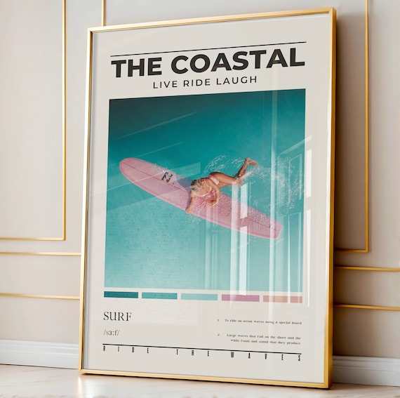 The Coastal Live Ride Laugh Pink Surfboard Woman Aerial Turquoise Sea Poster