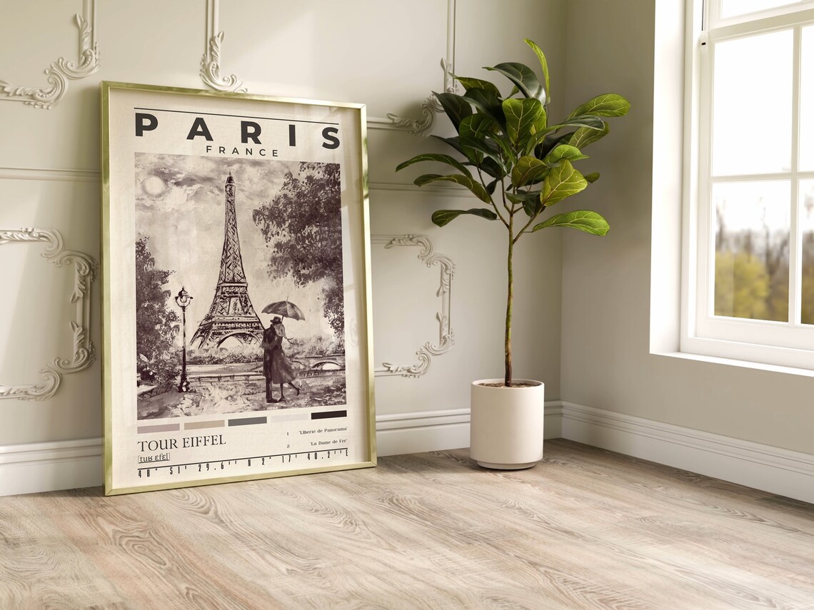 Paris France Eiffel Tower Umbrella Couple Black White Oil Poster - Image 3