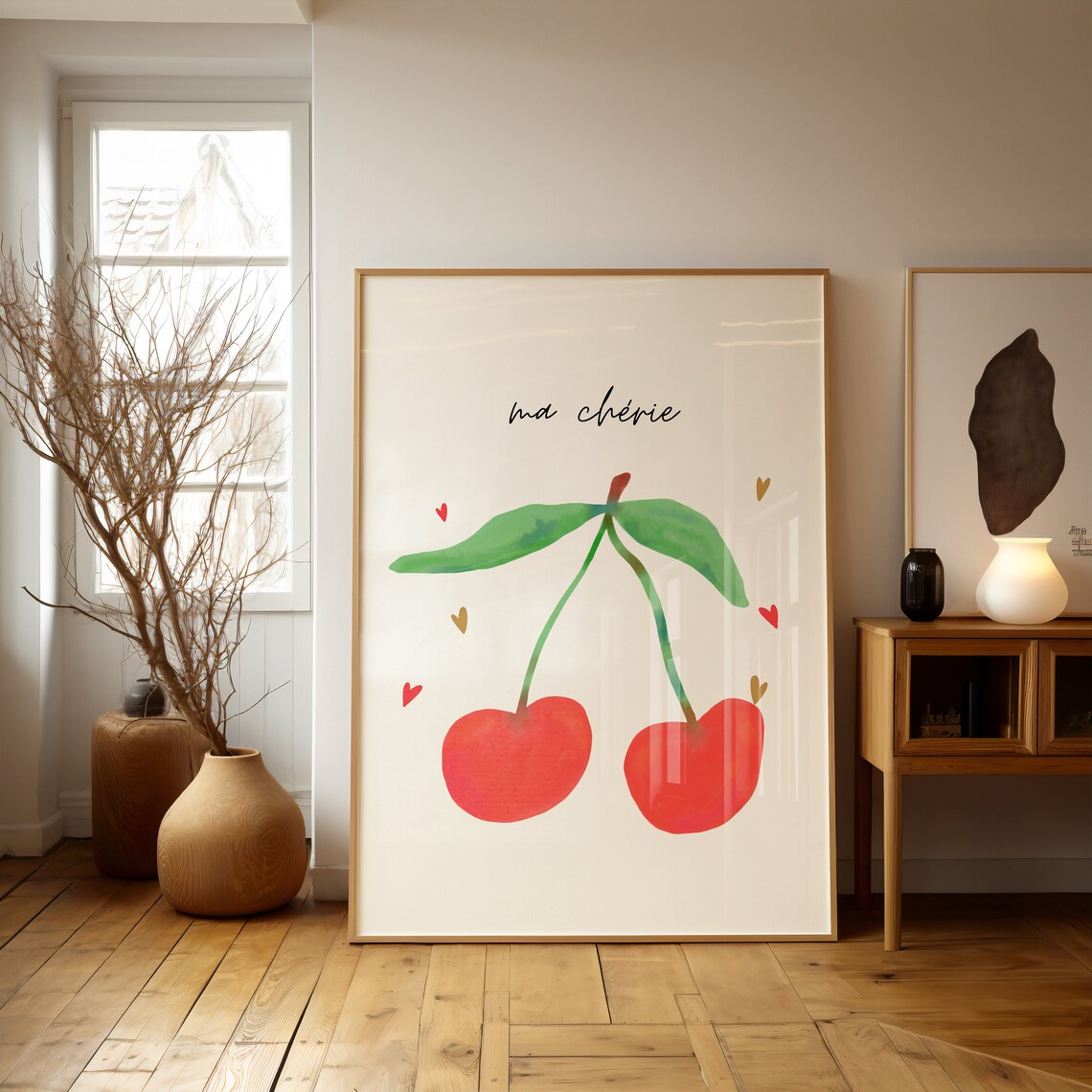Ma Cherie Watercolor Cherries Poster Minimal Girly Kitchen Decor - Image 2