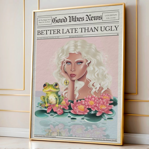 Preppy Pink Newspaper Wall Art Better Late Than Ugly Print Trendy Illustration Poster Coquette Girly Wall Decor Good Vibes News Art