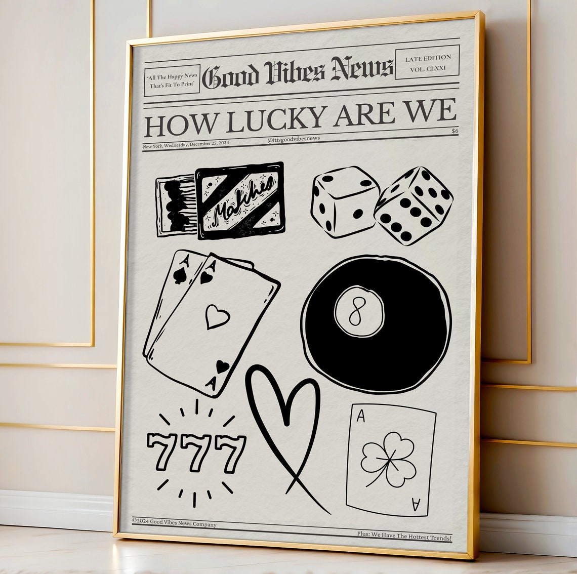 How Lucky Are We Newspaper Poster Lucky Doodles Dice Aces 777 Artwork