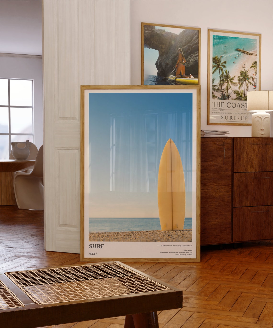Surf Definition Photo Poster Yellow Surfboard on Pebble Beach - Image 2