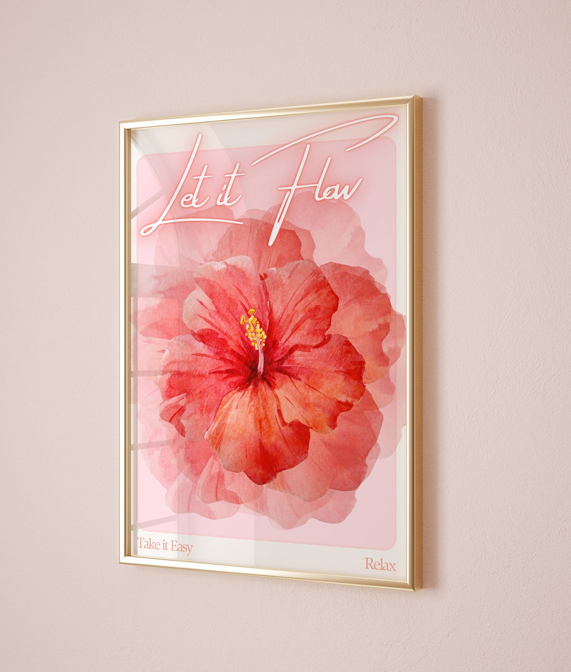 Let It Flow Red Hibiscus Neon Script Pink Floral Relax Poster - Image 3