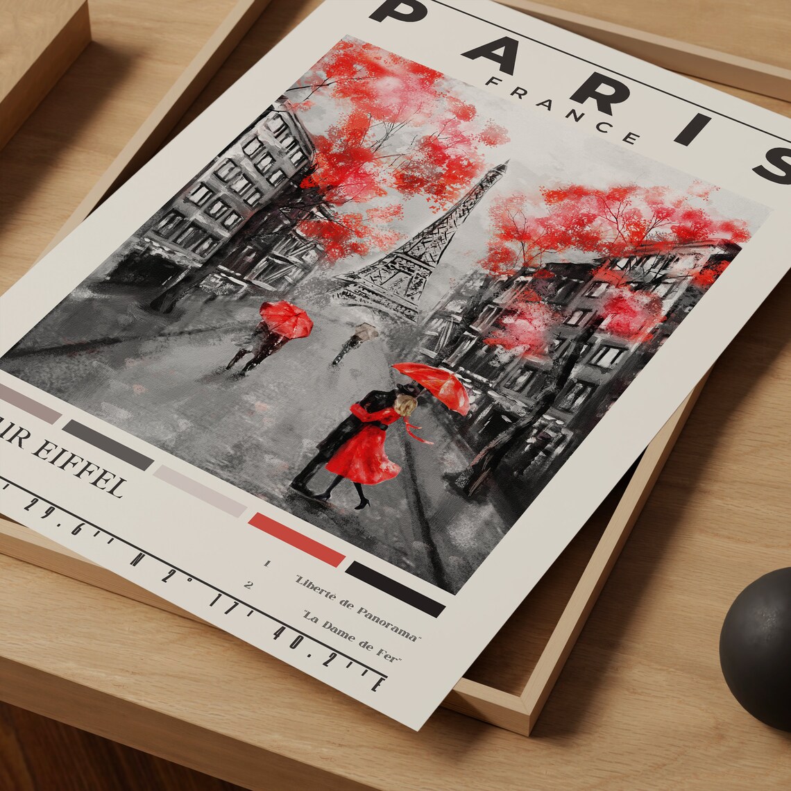 Paris France Eiffel Tower Red Umbrellas Black White Street Poster - Image 3