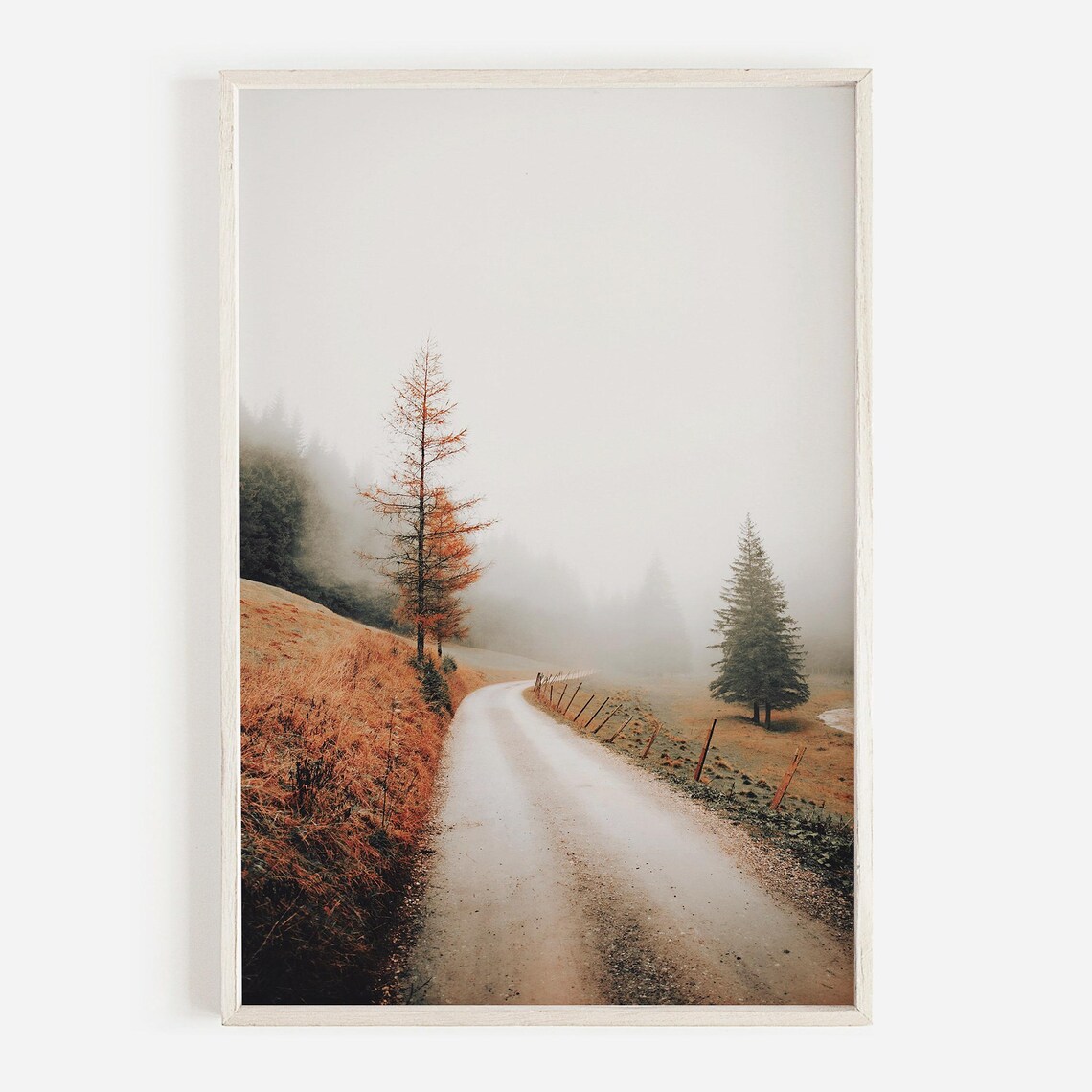 Foggy Autumn Road Through Misty Mountains Photography Poster Rustic Scene
