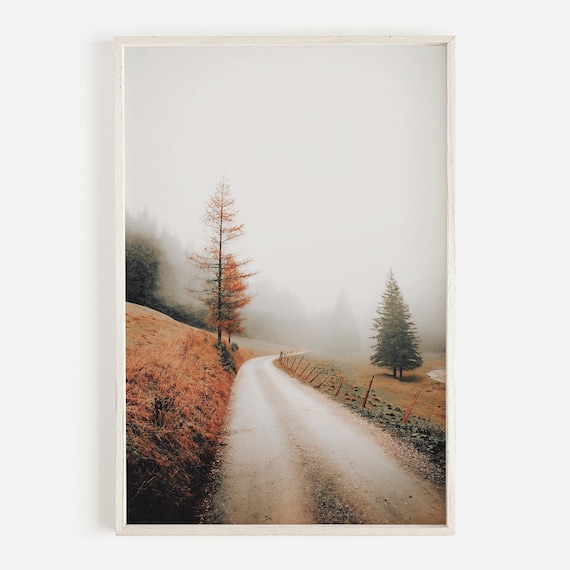 Foggy Autumn Road Through Misty Mountains Photography Poster Rustic Scene