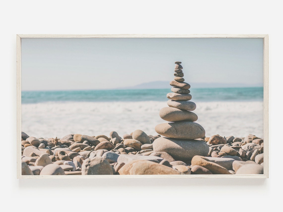 Balanced Stone Cairn On Rocky Beach Coastal Zen Seaside Art Poster