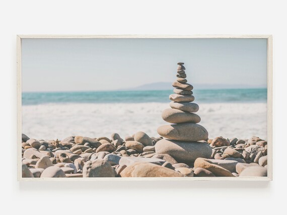Balanced Stone Cairn On Rocky Beach Coastal Zen Seaside Art Poster