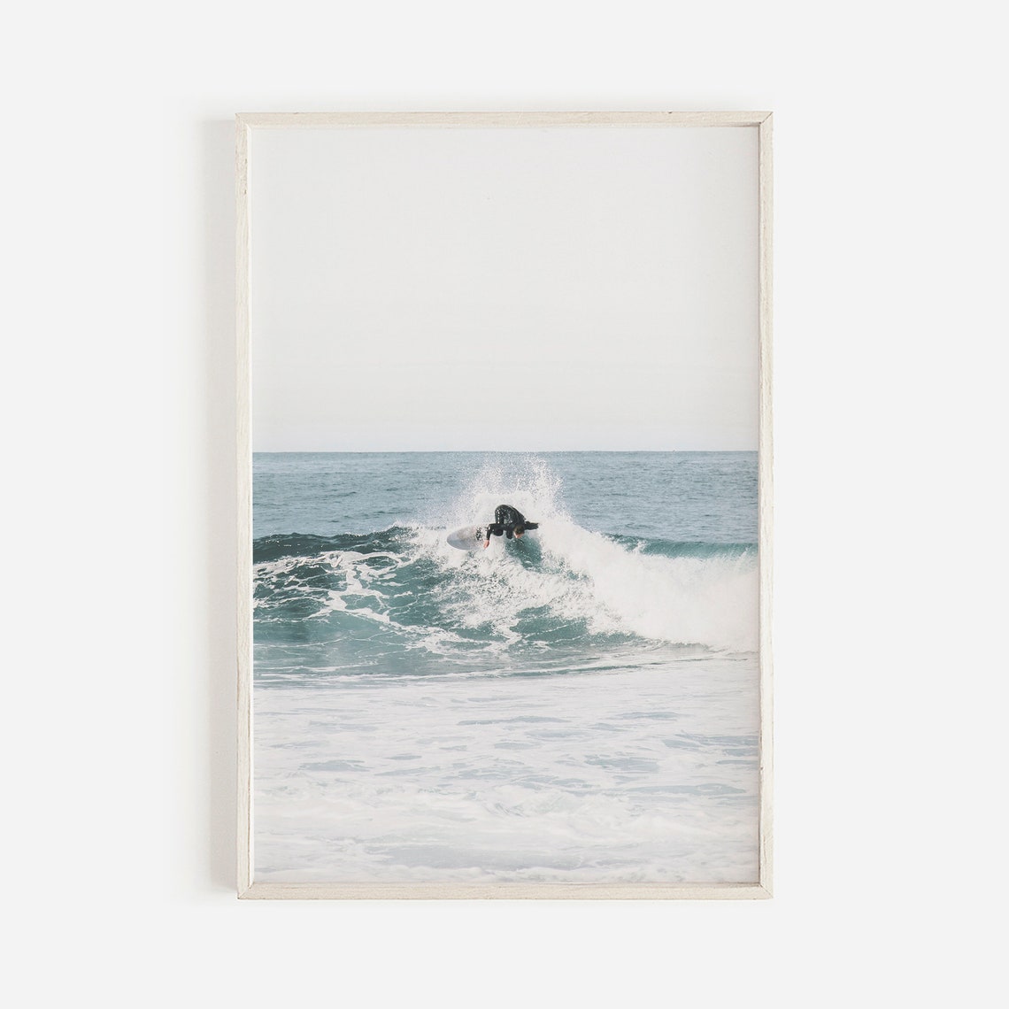 Surfer Riding a Breaking Ocean Wave Minimal Coastal Photo Print