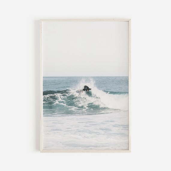 Surfer Riding a Breaking Ocean Wave Minimal Coastal Photo Print
