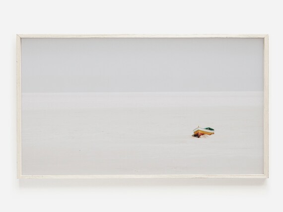 Lone Boat On Vast Misty Beach Minimalist Nautical Art Poster