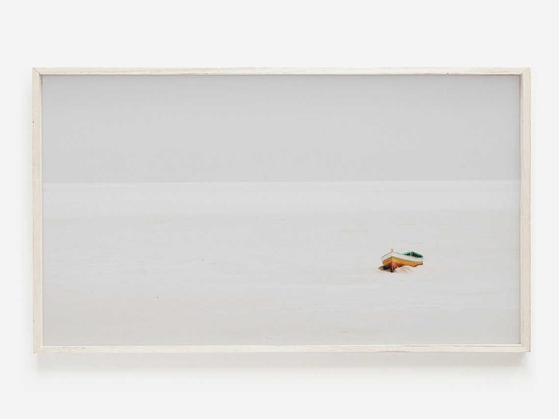 Lone Boat On Vast Misty Beach Minimalist Nautical Art Poster