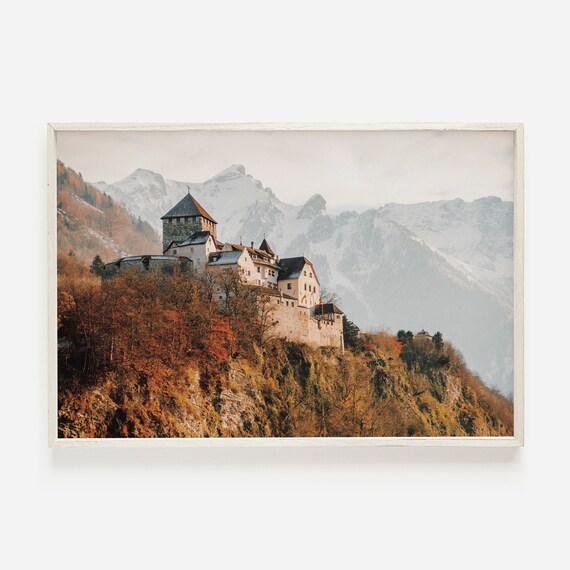 Castle On Mountain Top Autumn Foliage Snowy Peaks Travel Photography Print