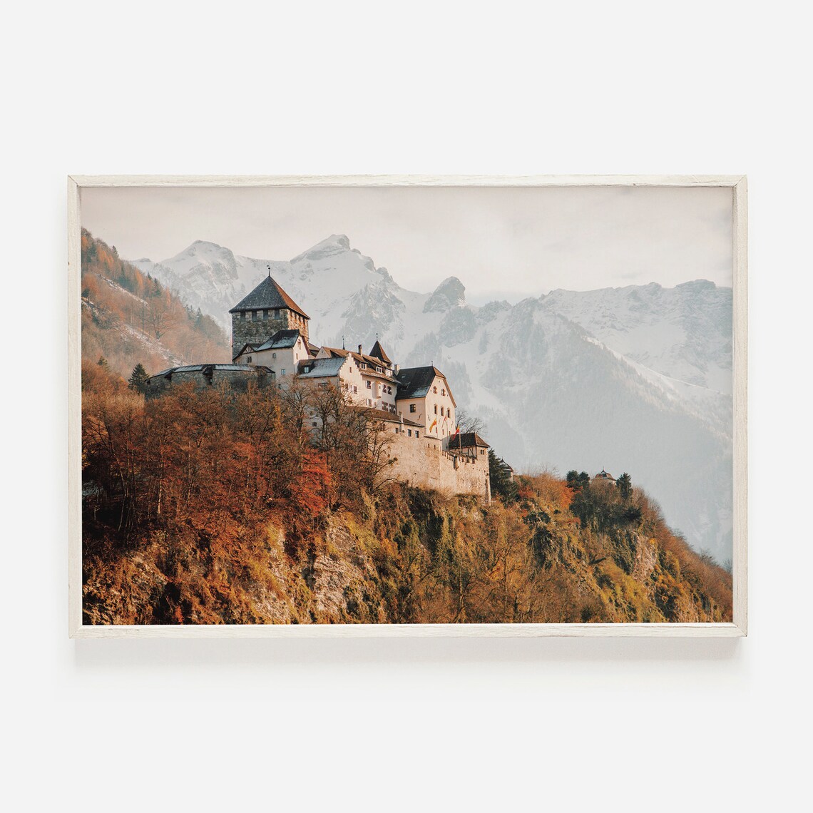 Castle On Mountain Top Autumn Foliage Snowy Peaks Travel Photography Print