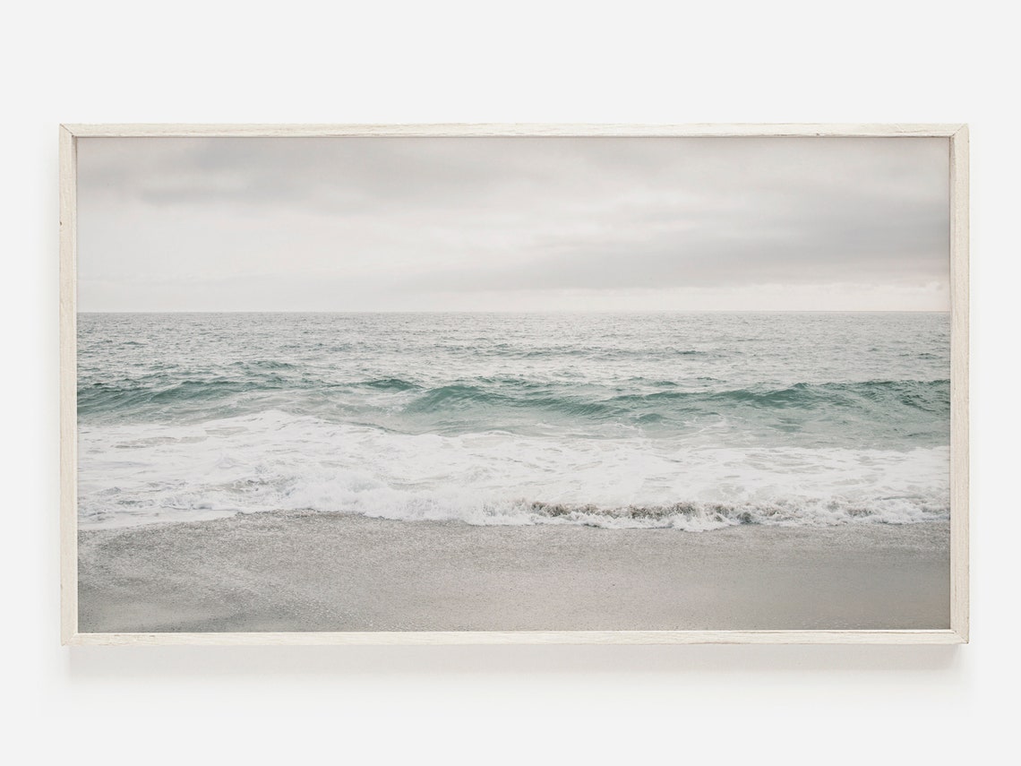 Soft Gray Ocean Waves On Empty Beach Minimal Coastal Photo Art Poster