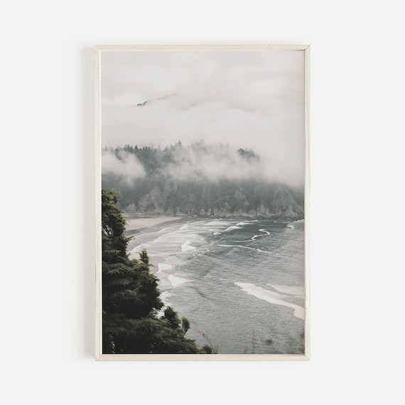 Misty Oregon Coast Cliffs Foggy Waves Evergreen Photo Poster