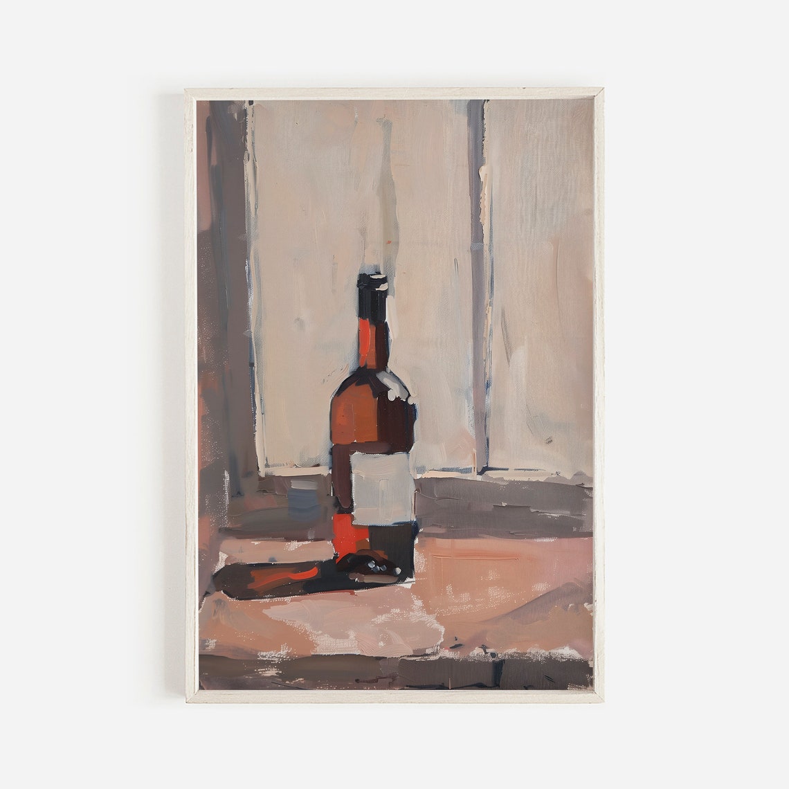 Red Wine Bottle Still Life Window Oil Painting Vintage Poster