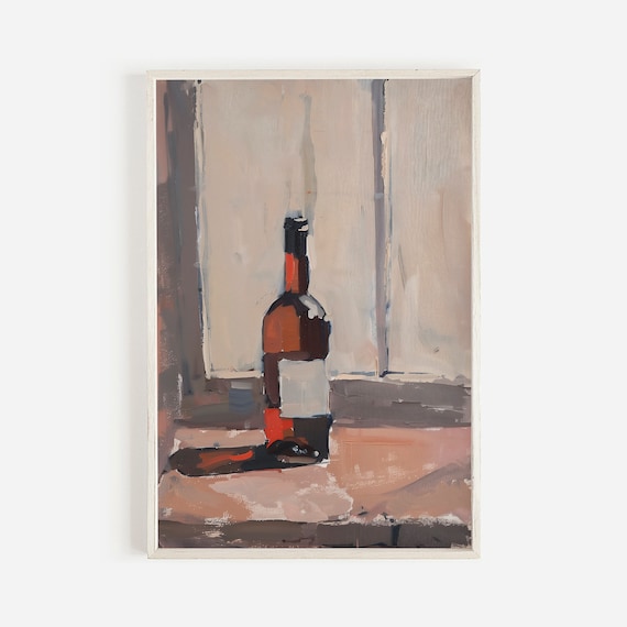 Red Wine Bottle Still Life Window Oil Painting Vintage Poster
