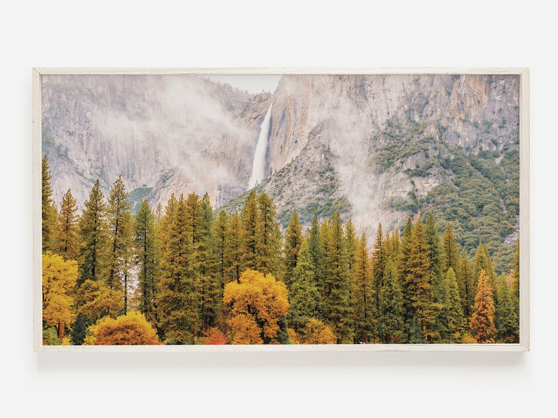 Yosemite Autumn Waterfall Misty Granite Cliffs Pine Trees Poster